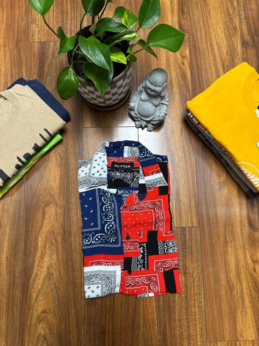 Men’s Red & Blue Bandana Patchwork Print Short Sleeve Shirt